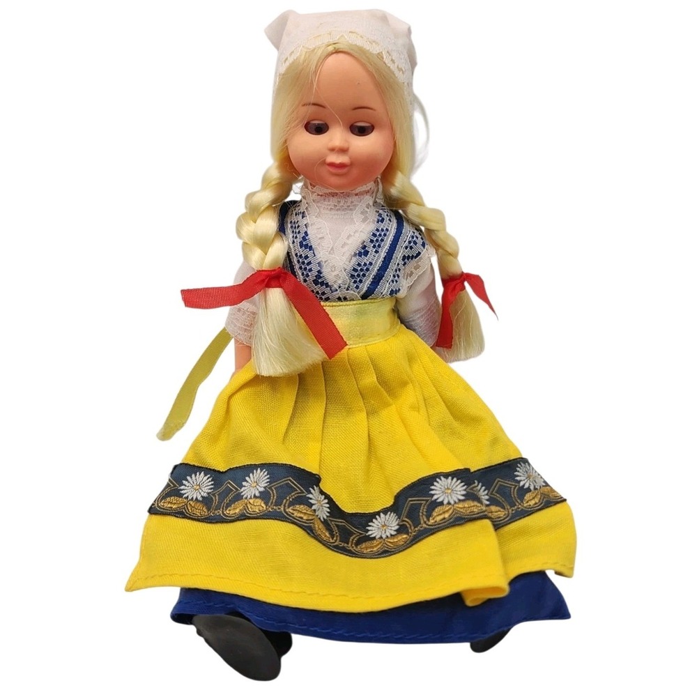 Vintage Girl Doll Braided Blonde Hair Folk Dress 7in Plastic Collectible